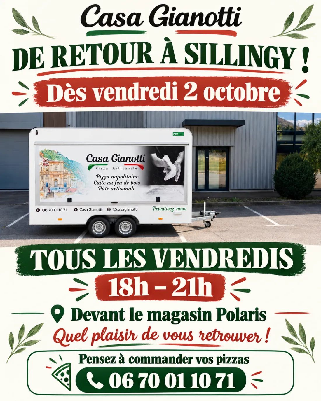 Affiche Casa Gianotti : de retour à Sillingy dès le vendredi 2 octobre, tous les vendredis de 18 h à 21 h devant le magasin Polaris, commandes au 06 70 01 10 71